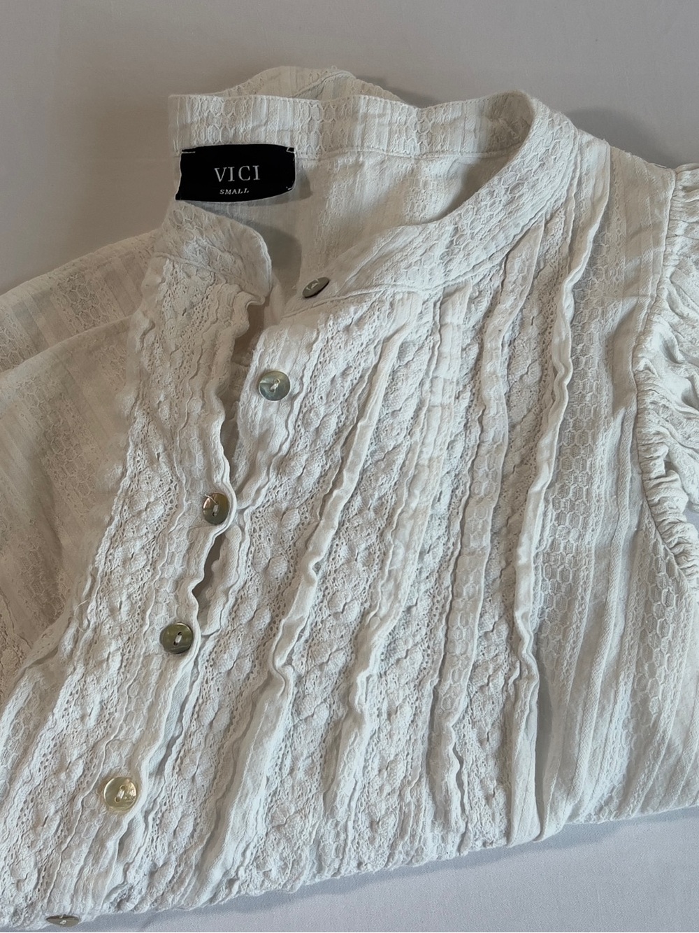 Vici White Ruffled Lace-Front Button Blouse - Picture 4 of 5